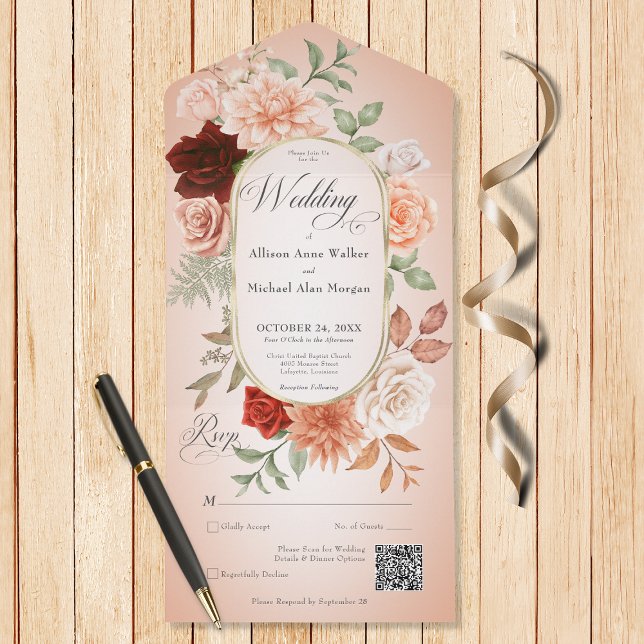 Rustic Boho Rust & Peach Floral Oval Blush QR Code All In One Invitation (Also available without a QR code; with or without dinner selection options.)