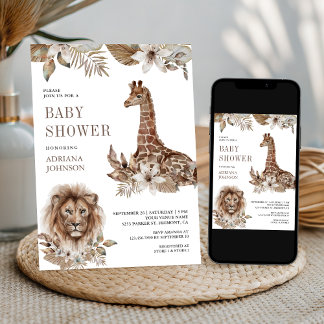 Rustic Boho Safari Lion and Giraffe Baby Shower Invitation