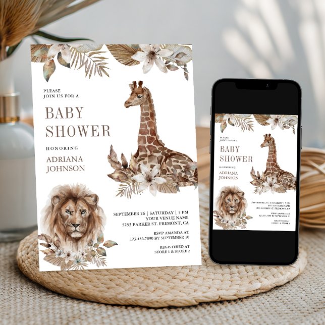 Rustic Boho Safari Lion and Giraffe Baby Shower Invitation (Creator Uploaded)