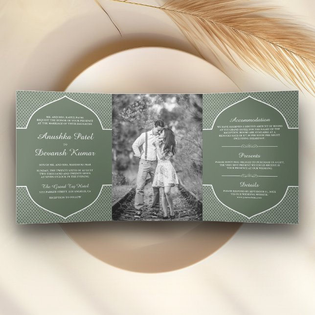 Rustic Boho Sage Green Ethnic Indian Arch Wedding Tri-Fold Invitation (Creator Uploaded)