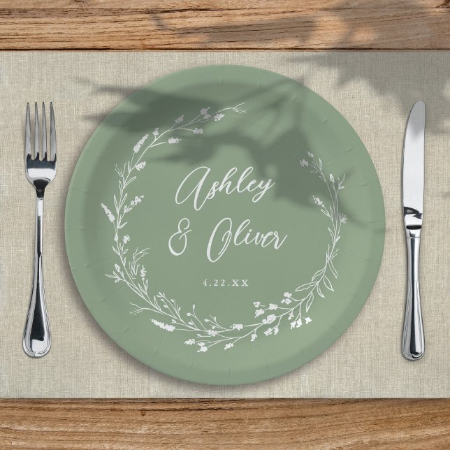 Rustic Boho Sage Green Wildflower Floral Wedding Paper Plate (Creator Uploaded)