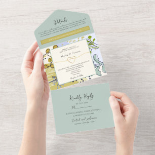 Rustic Boho Sage Yellow Wedding All In One Invitation