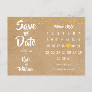 Rustic Boho Save the Date Calendar Gold Heart Announcement Postcard