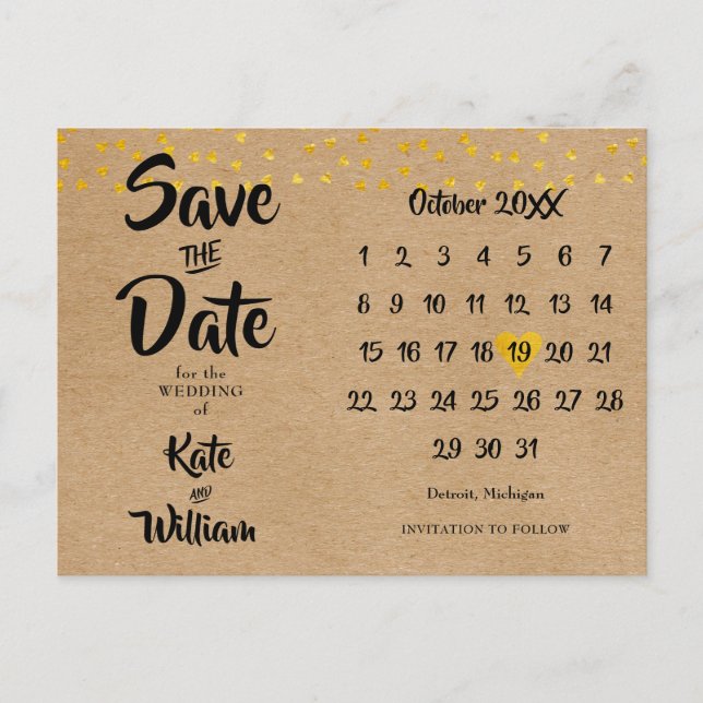 Rustic Boho Save the Date Gold Heart Calendar Announcement Postcard (Front)