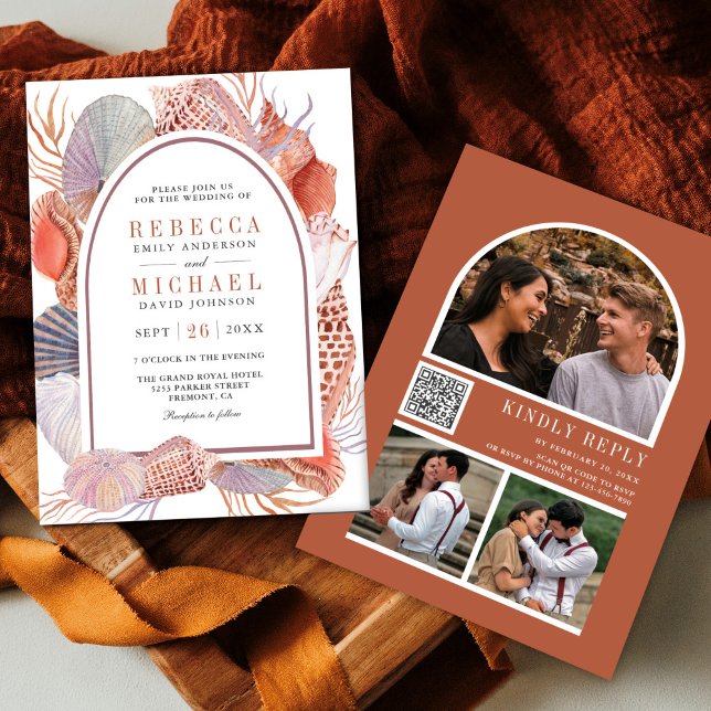 Rustic Boho Seashells Nautical QR Code Wedding Invitation (Creator Uploaded)