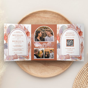 Rustic Boho Seashells Nautical QR Code Wedding Tri-Fold Invitation