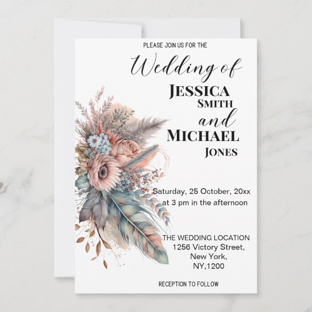 Rustic Boho Silver & Pink Floral Wedding Invitation (Front)