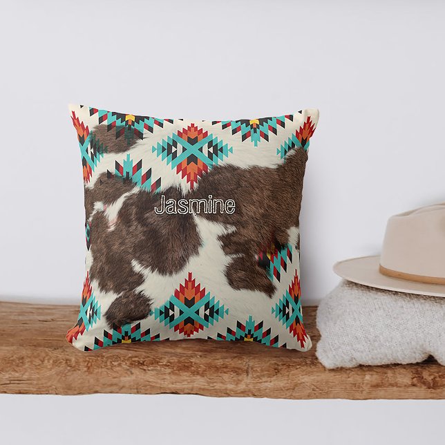 Rustic Boho Southwestern Cowhide Aztec Pattern  Cushion (Creator Uploaded)
