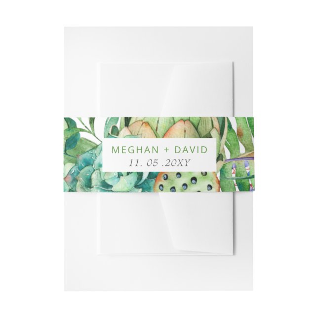 Rustic Boho Succulent Cactus Greenery Wedding Invitation Belly Band (Front Example)