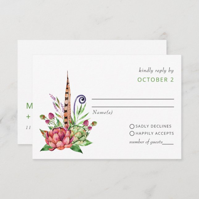 Rustic Boho Succulent Cactus Greenery Wedding RSVP Card (Front/Back)