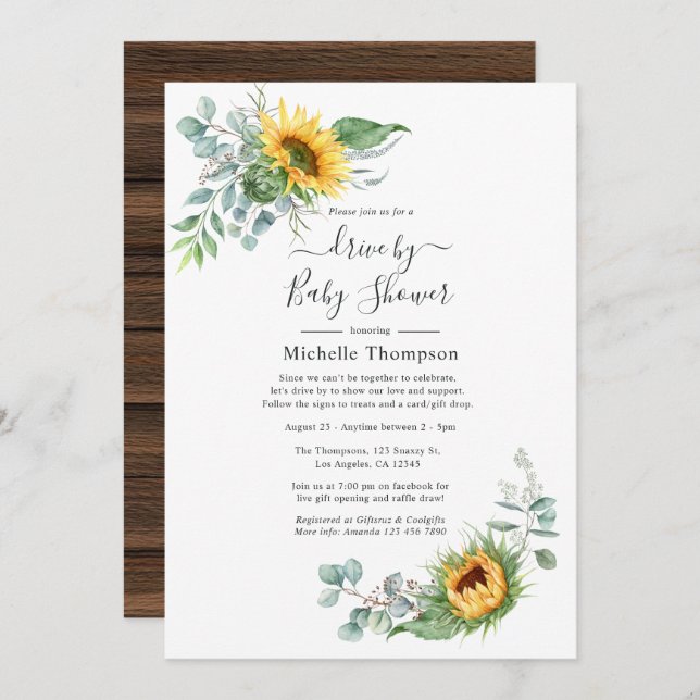 Rustic Boho Sunflower Eucalyptus Drive By Shower Invitation (Front/Back)