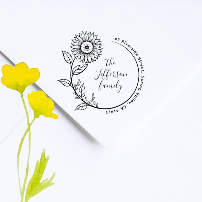 Rustic Boho Sunflower Family Return Address Rubber Stamp (Creator Uploaded)