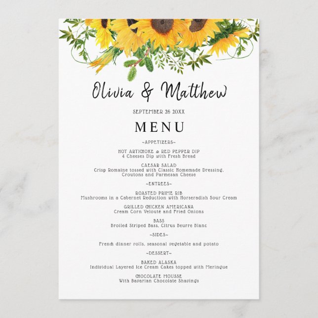 Rustic Boho Sunflower Floral Bouquet Wedding Menu (Front)
