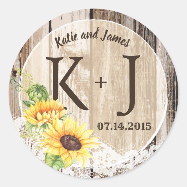 Rustic Boho Sunflower Lace Monogram Wedding Classic Round Sticker (Front)