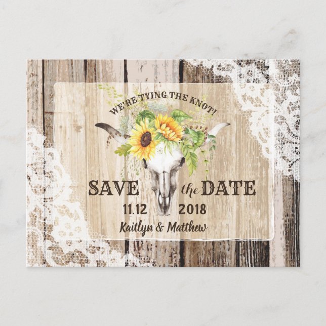 Rustic Boho Sunflower Longhorn Lace Save the Date Announcement Postcard (Front)