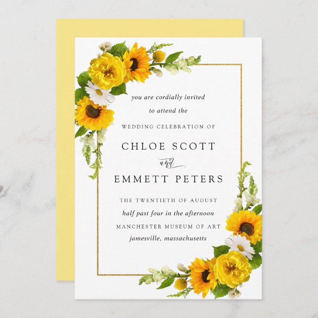 Rustic Boho Sunflower Yellow Summer Floral Wedding Invitation (Front/Back)