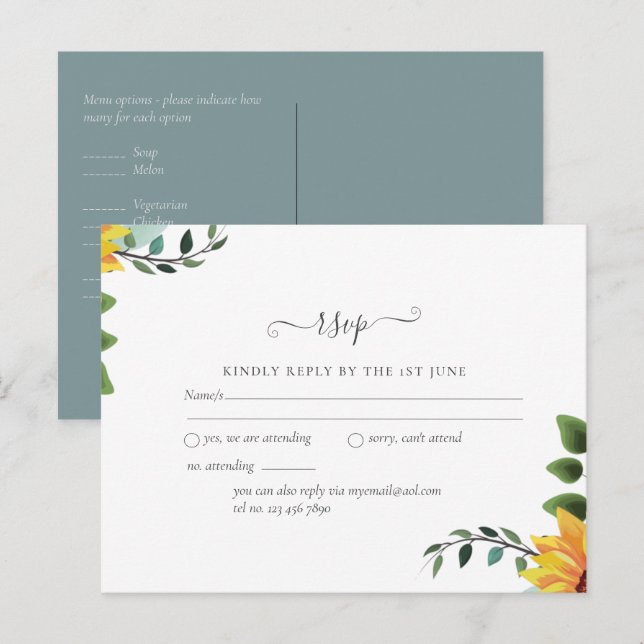 Rustic BOHO Sunflowers Greenery Wedding RSVP Postcard (Front/Back)