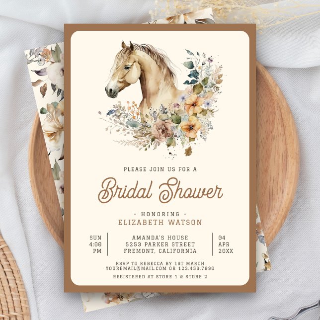 Rustic Boho Tan Floral Horse Bridal Shower Invitation (Creator Uploaded)