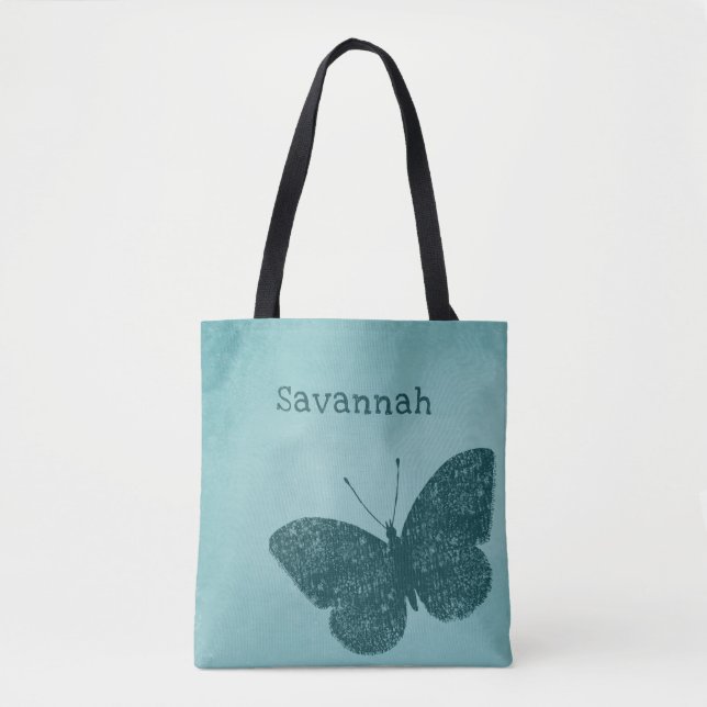 Rustic Boho Teal Green Butterfly Tote Bag (Front)