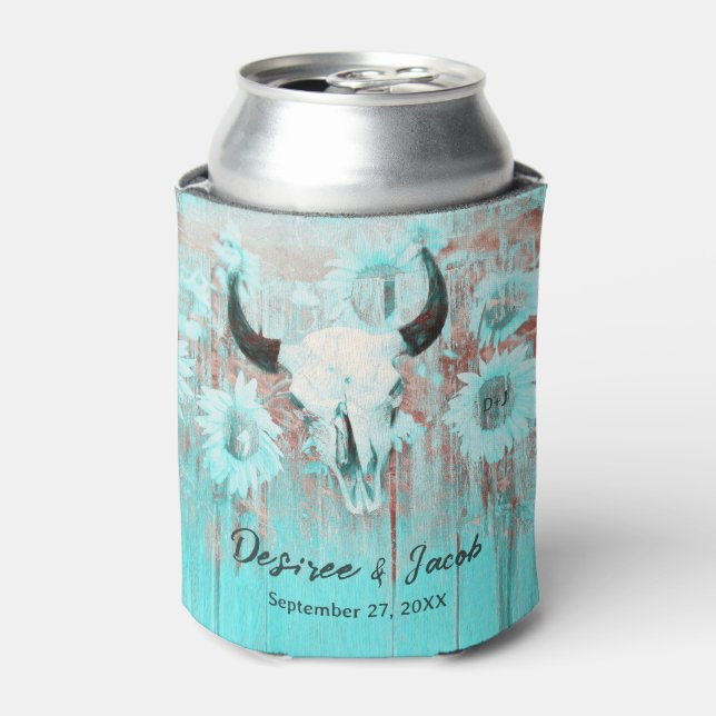 Rustic Boho Teal Western Sunflowers Bull Skull Can Cooler (Can Front)