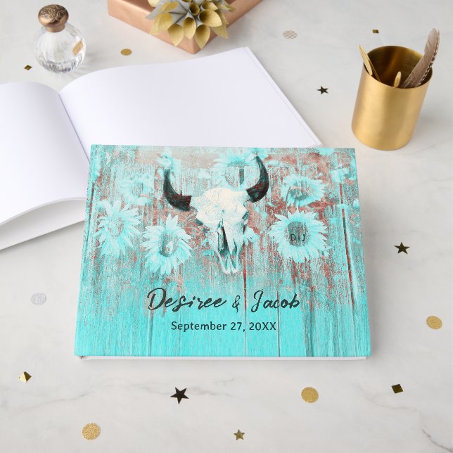 Rustic Boho Teal Western Sunflowers Bull Skull Guest Book (Front Open)