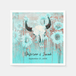 Rustic Boho Teal Western Sunflowers Bull Skull Napkin