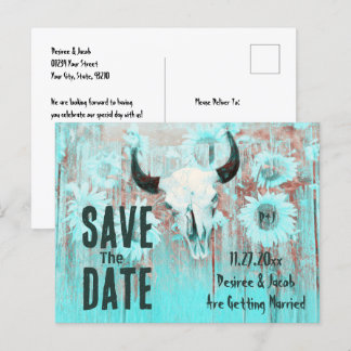 Rustic Boho Teal Western Sunflowers Cow Skull Announcement Postcard