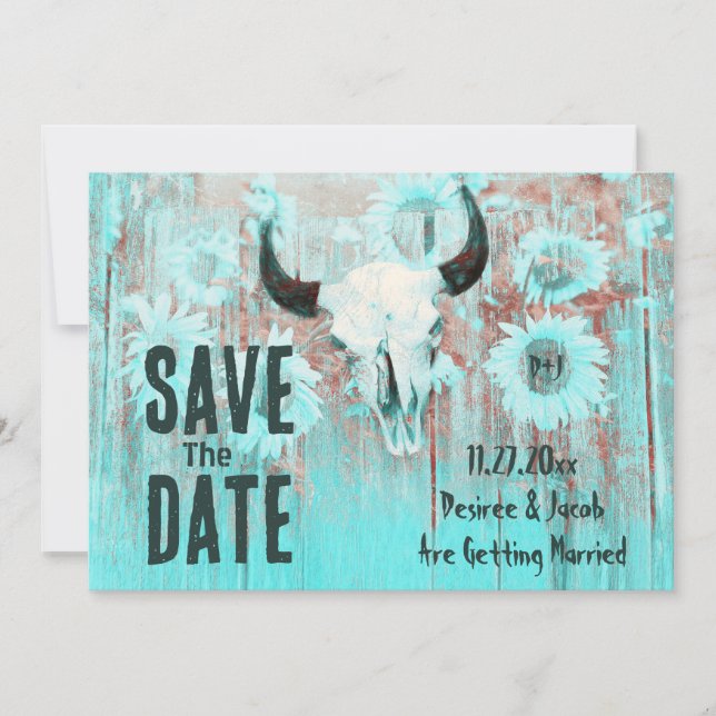 Rustic Boho Teal Western Sunflowers Cow Skull Save The Date (Front)