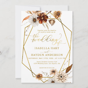 Rustic Boho Terracotta Floral Gold Frame Wedding Invitation