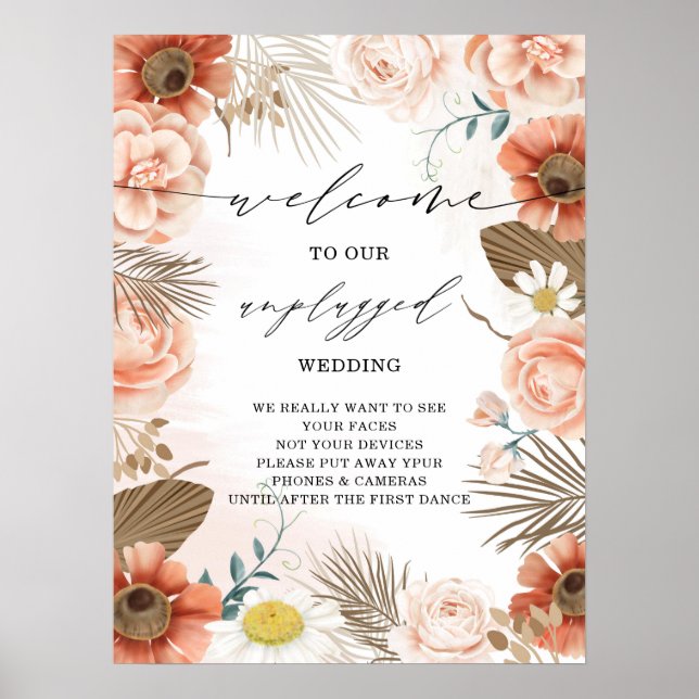 Rustic Boho Terracotta  Floral Unplugged Wedding Poster (Front)