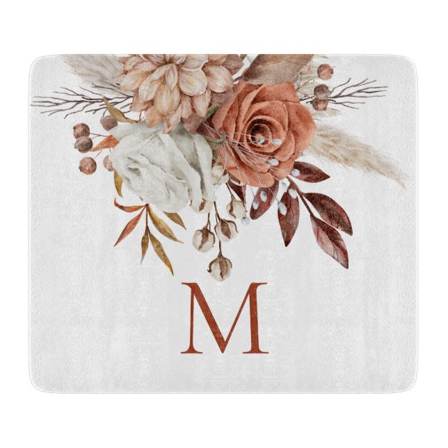 Rustic Boho Terracotta Florals Monogram Initial Cutting Board (Front)
