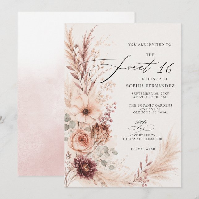 Rustic Boho Terracotta Pampas Sweet 16 Invitation (Front/Back)