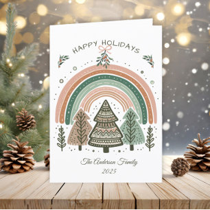 Rustic Boho Terracotta Rainbow Trees Christmas Holiday Card