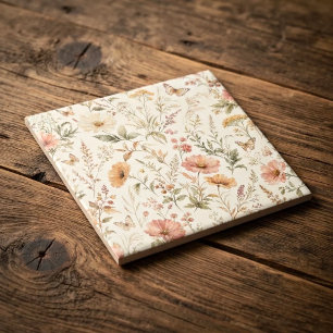Rustic Boho Terracotta Sage Watercolor Wildflower Tile