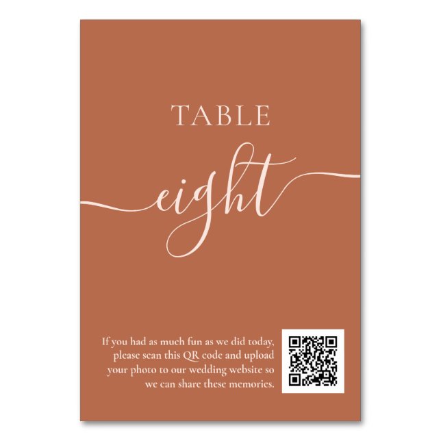 rustic boho terracotta script wedding QR code Table Number (Front)