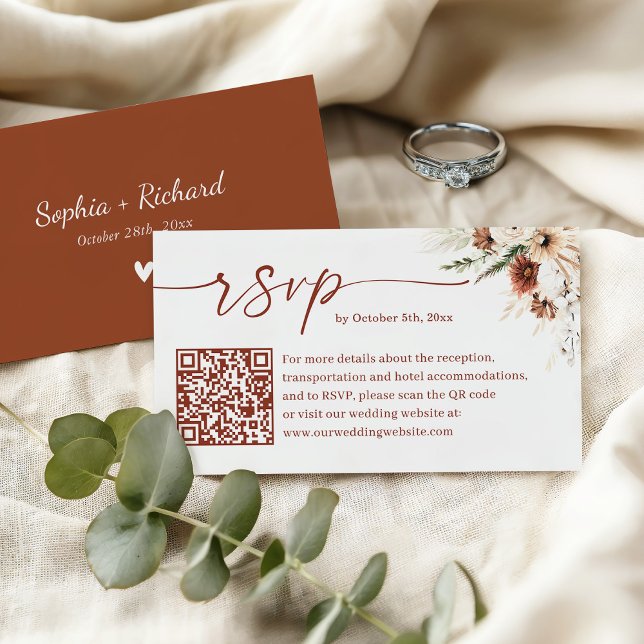 Rustic Boho Terracotta Wedding QR Code RSVP Enclosure Card (Creator Uploaded)