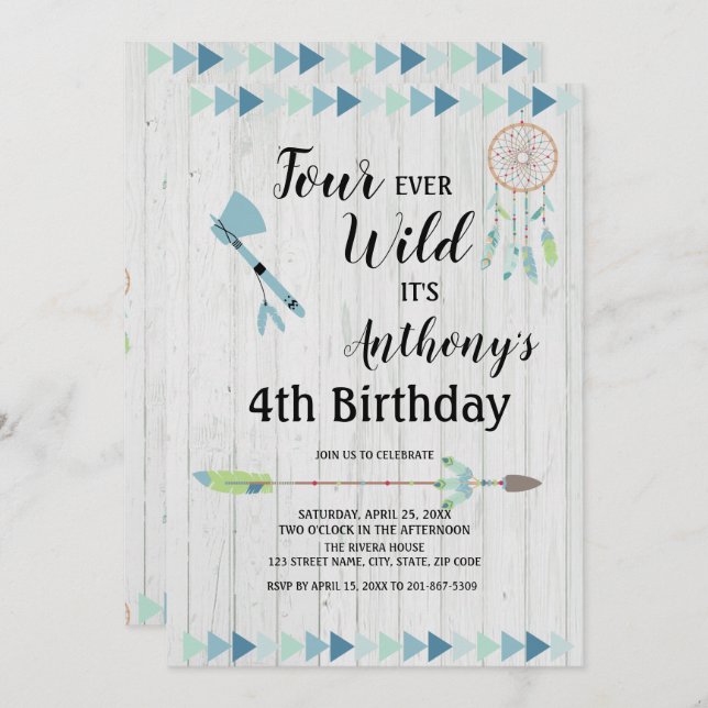Rustic Boho Tribal Four Ever Wild  4th Birthday Invitation (Front/Back)