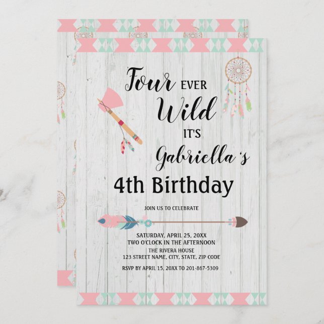 Rustic Boho Tribal Four Ever Wild  4th Birthday Invitation (Front/Back)