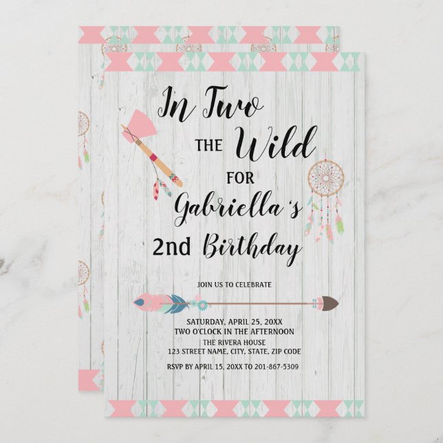 Rustic Boho Tribal In TWO the Wild 2nd Birthday Invitation (Front/Back)