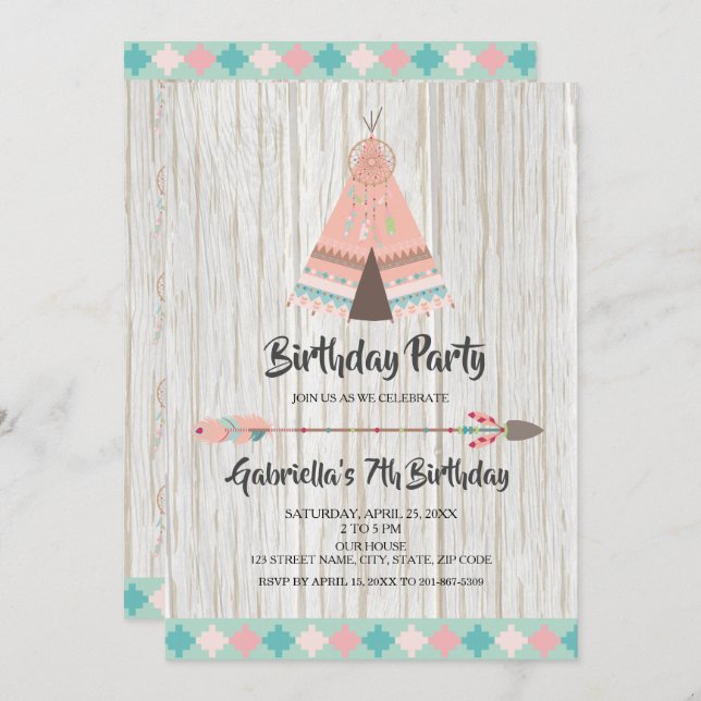 Rustic Boho Tribal Pink Teepee Birthday Party Invitation (Front/Back)