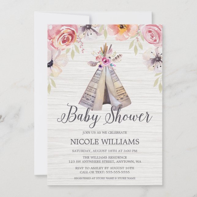 Rustic Boho Tribal Teepee Girl Baby Shower Invitation (Front)