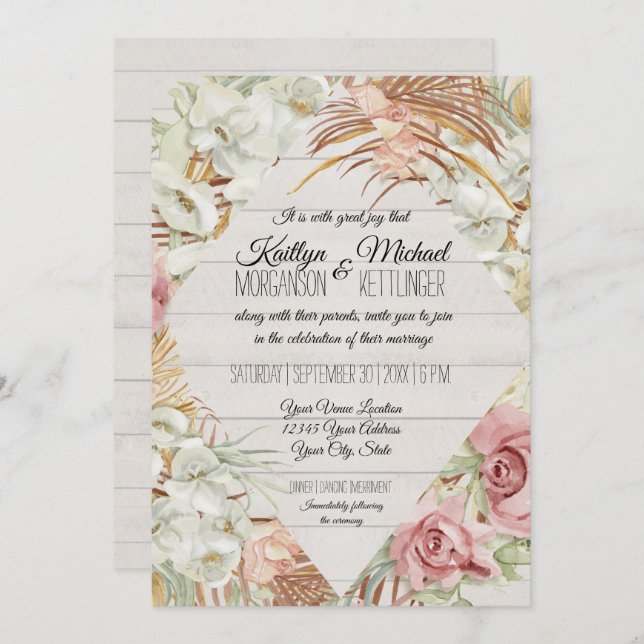 Rustic BOHO Tropical Pampas Greenery Blush Floral Invitation (Front/Back)