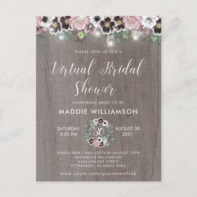 Rustic Boho Virtual Bridal Shower Invitation Postcard (Front)