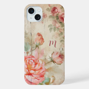 Rustic Boho Watercolor Antique Roses w/Monogram iPhone 15 Plus Case