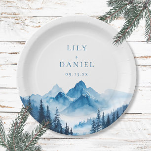 Rustic Boho Watercolor Blue Mountains Wedding Paper Plate