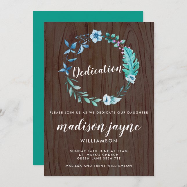 Rustic Boho Watercolor Floral Wreath Dedication Invitation (Front/Back)