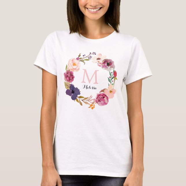 Rustic Boho Watercolor Floral Wreath Monogram T-Shirt (Front)