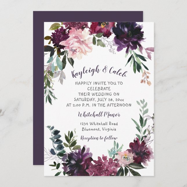 Rustic Boho Watercolor Floral Wreath Wedding Invitation (Front/Back)