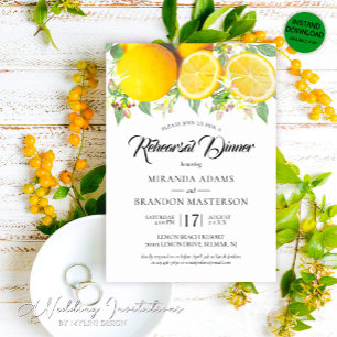Rustic Boho Watercolor Lemon Rehearsal Dinner Invitation