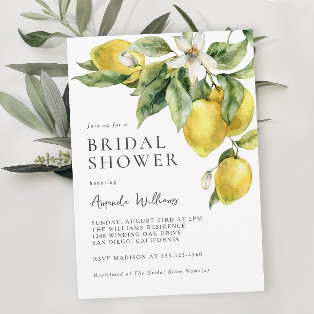 Rustic Boho Watercolor Lemons Bridal Shower Invitation (Available in both printed and digital download formats.)
